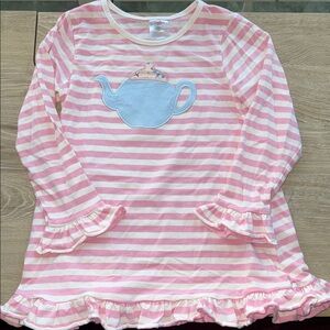 Pink Striped Long Sleeve Tee with Teapot Design
